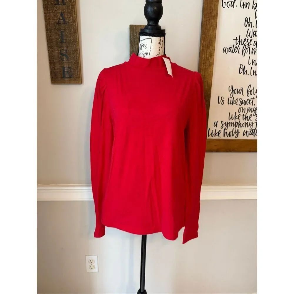 NWT Loft Women's Cotton Mock Neck Long Puff Sleeves Blouse Bright Red Size Large